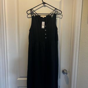 LOFT Black Sleeveless Strappy Button-Front Midi Dress